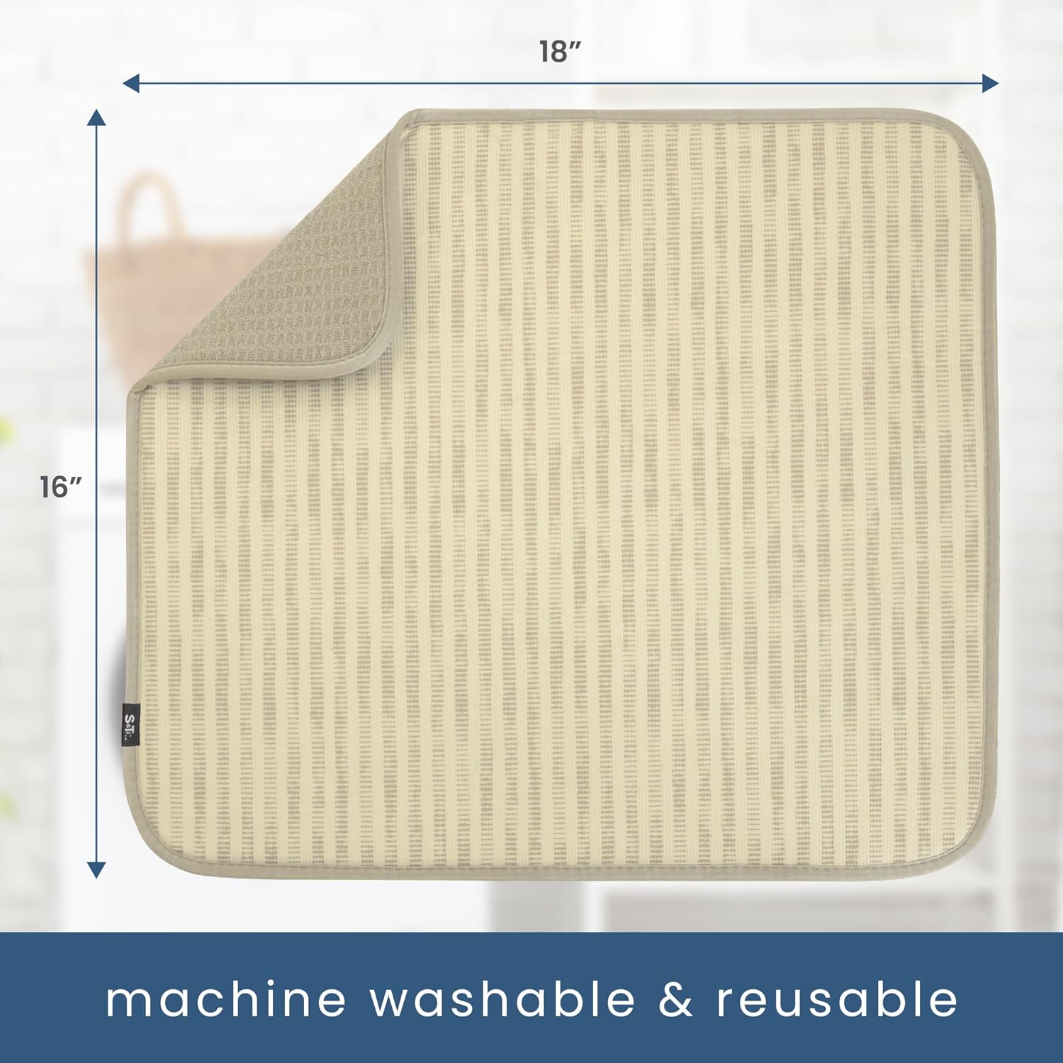 S&T INC. Dish Drying Mat - Absorbent Microfiber Kitchen Counter Pad | 16” x 18”, Cream Distressed Lines