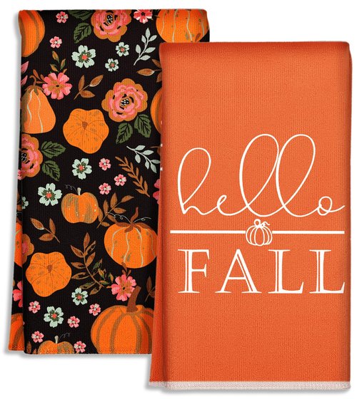 Miss Adola Fall Kitchen Towels Set of 2 - Fall Kitchen Dish Towels 18x26 Inches Microfiber Decorative Autumn Themed Towel for Thanksgiving Harvest, Absorbent Hand Towel with Hanging Loop, Oil Pumpkin