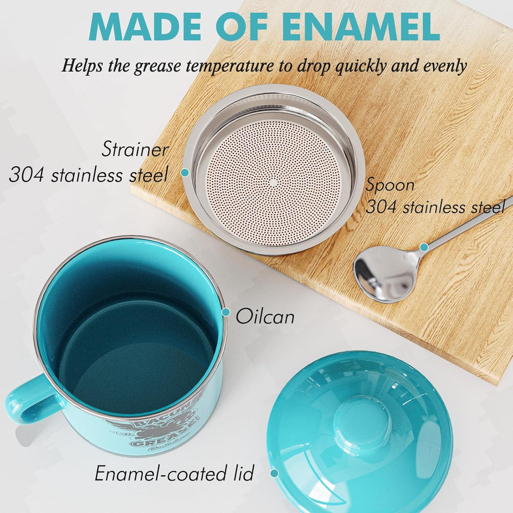 PGYARD Mini Bacon Grease Container - 15oz Farmhouse Enamel Grease Saver in Light Blue
