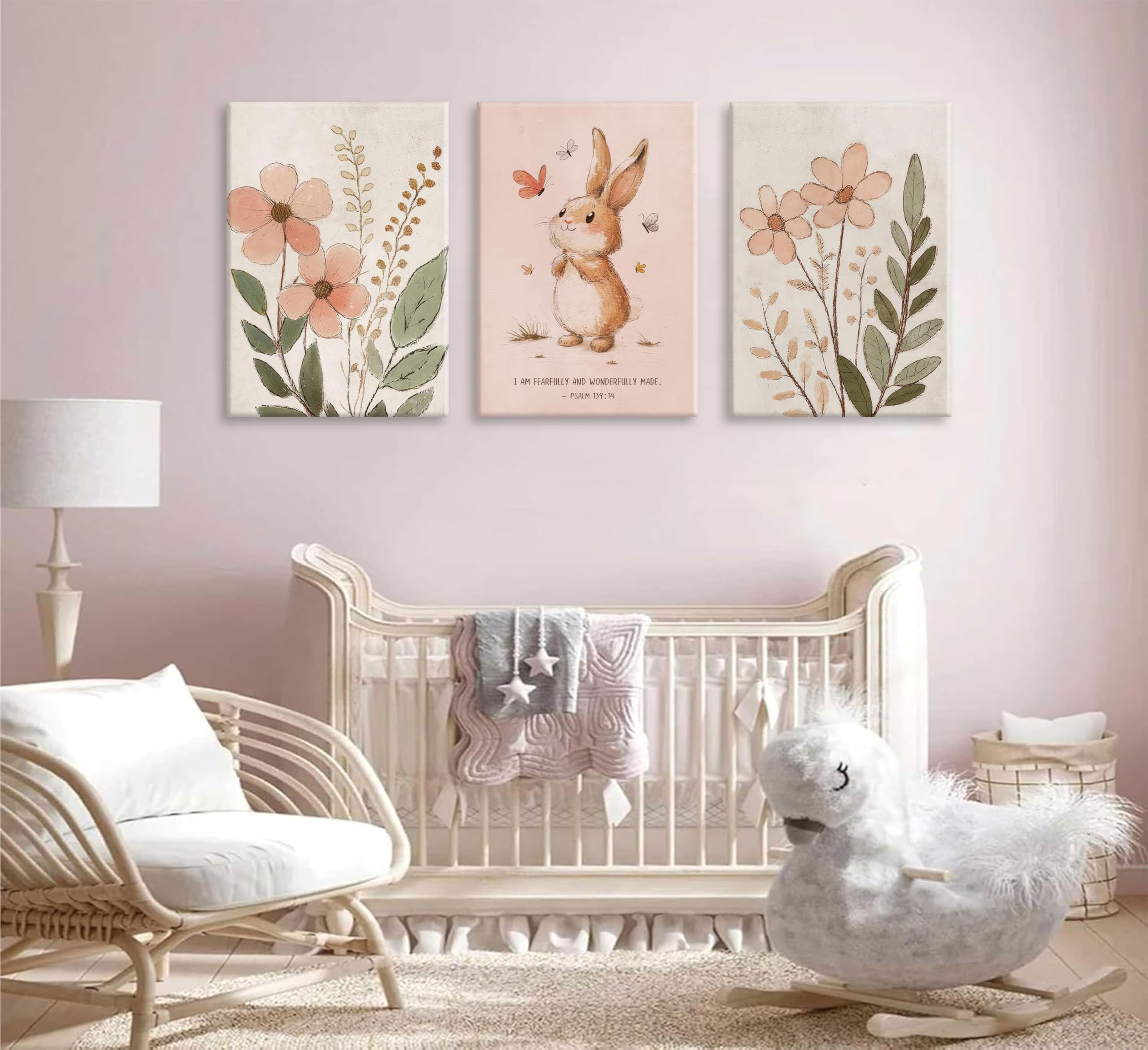 3Pcs Nursery Bunny Wall Art Christian Scripture Canvas Painting Cute Pink Bunny Botanical Flowers Wall Decor Nursery Posters for Girls and Boys Kids Room Baby Room Decor Framed