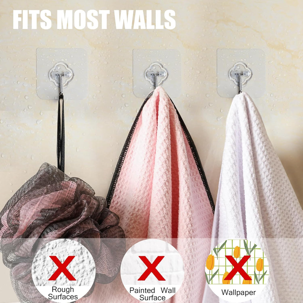 Skiennix Adhesive Hooks - 32 Pack 33lb Max Capacity | Transparent, Reusable & Removable Wall Hooks for Home & Outdoor Use