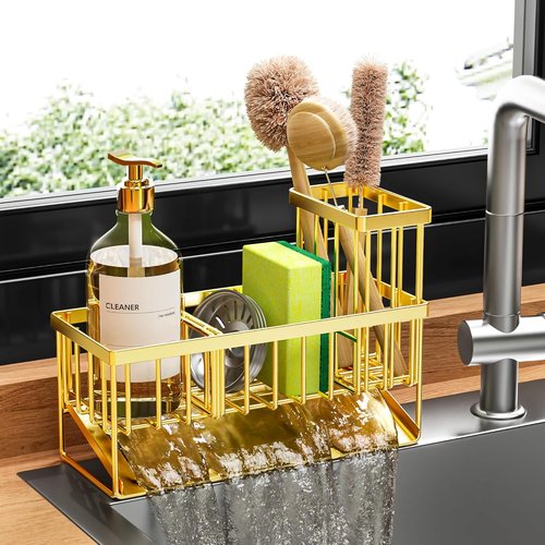 Cisily Gold Kitchen Sink Caddy Organizer - Rustproof Stainless Steel with Brush & Sponge Holder | Home Decor