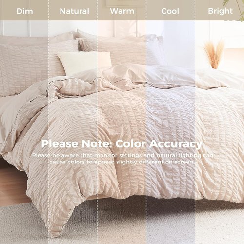 HYMOKEGE King Size Comforter Set - 7-Piece Seersucker Luxury Bedding Set in Beige | All-Season Comfort