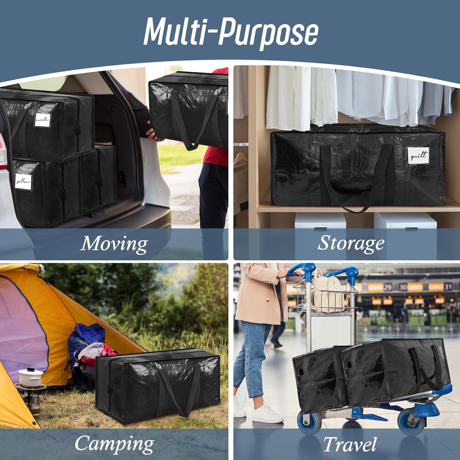 Skiennix Extra Heavy Duty Moving Bags - 6 Pack with Strong Zipper & Comfortable Handles | Durable Black Storage Totes