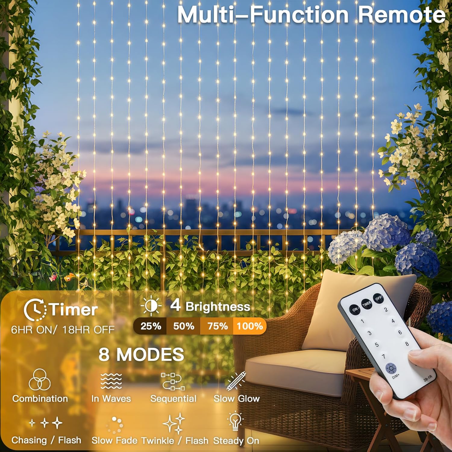 Suddus Tangle-Free Curtain Lights - 200 LED Warm White Hanging Lights | 6.5x6.5ft for Bedroom & Party Decor