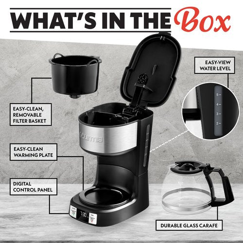 Gourmia Drip Coffee Maker – 5 Cup, One-Touch Brew, Pause & Serve, Adjustable 4 Hr Keep Warm, EZ-View Water Window, Black