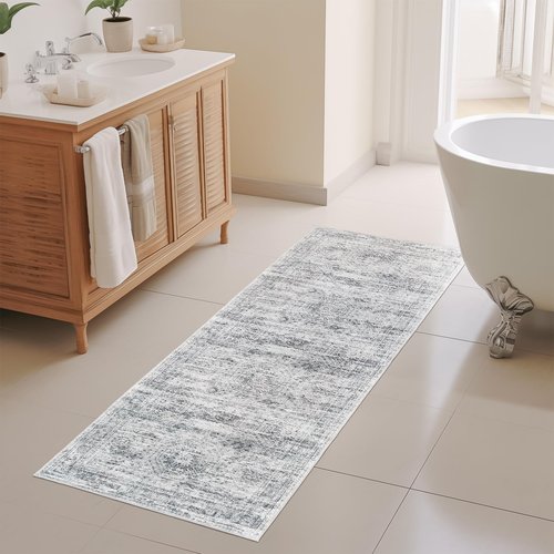 Restydon Kitchen Runner Rugs Non Skid Washable - 2.5 x 10 Runner Rug with Anti Slip Backing, Ultra-Thin Soft Rug Runner for Hallway, Bedroom, Living Room (2'x10', Grey/Ivory)