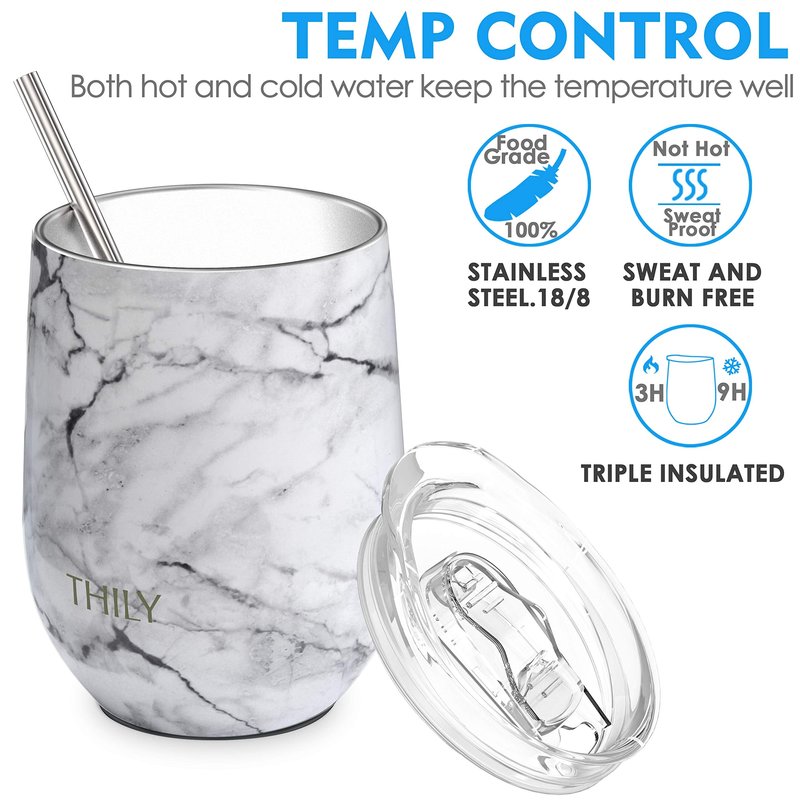 THILY Stainless Steel Stemless Wine Tumbler 4 Pack Vacuum Insulated Travel Wine Glasses Set with Sliding Lids and Straws, Keep Cold for Juice, Cocktails, Beer, Party, Christmas Gift, White Marble