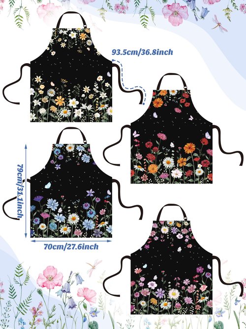 Bencailor 4 Pcs Floral Wildflower Kitchen Aprons Waterproof Cute Daisy Cooking Aprons for Women Men(Wildflower)