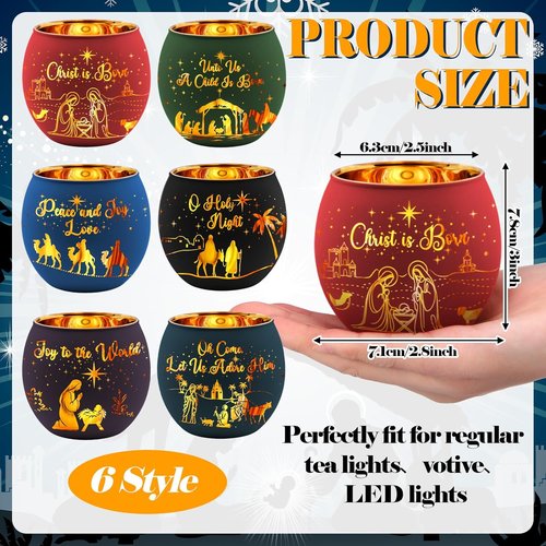 Jingmore Christmas Nativity Scene Votive Candle Holders - 6 Pcs Glass Set with Laser Engraved Designs for Holiday Decor