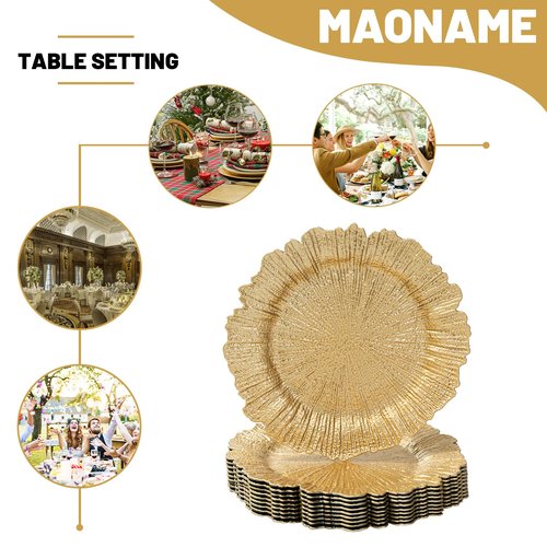 MAONAME 13" Gold Charger Plates Set of 10, Reef Plate Chargers, Round Charger for Dinner Plates, Plastic Table Chargers for Wedding Decor
