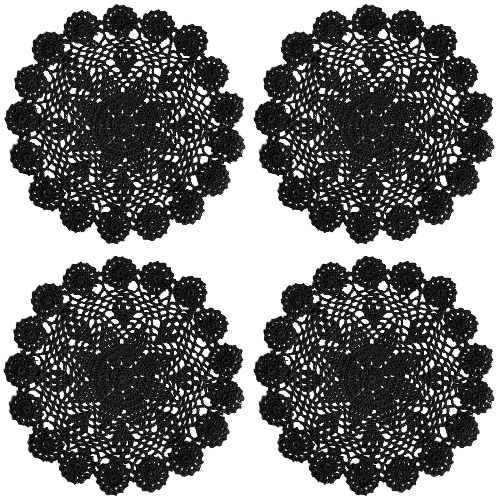 Phantomon 12 Inch Round Doilies Crochet Handmade Lace Placemats 100% Cotton Knitted Coasters, Pack of 4 (Black)