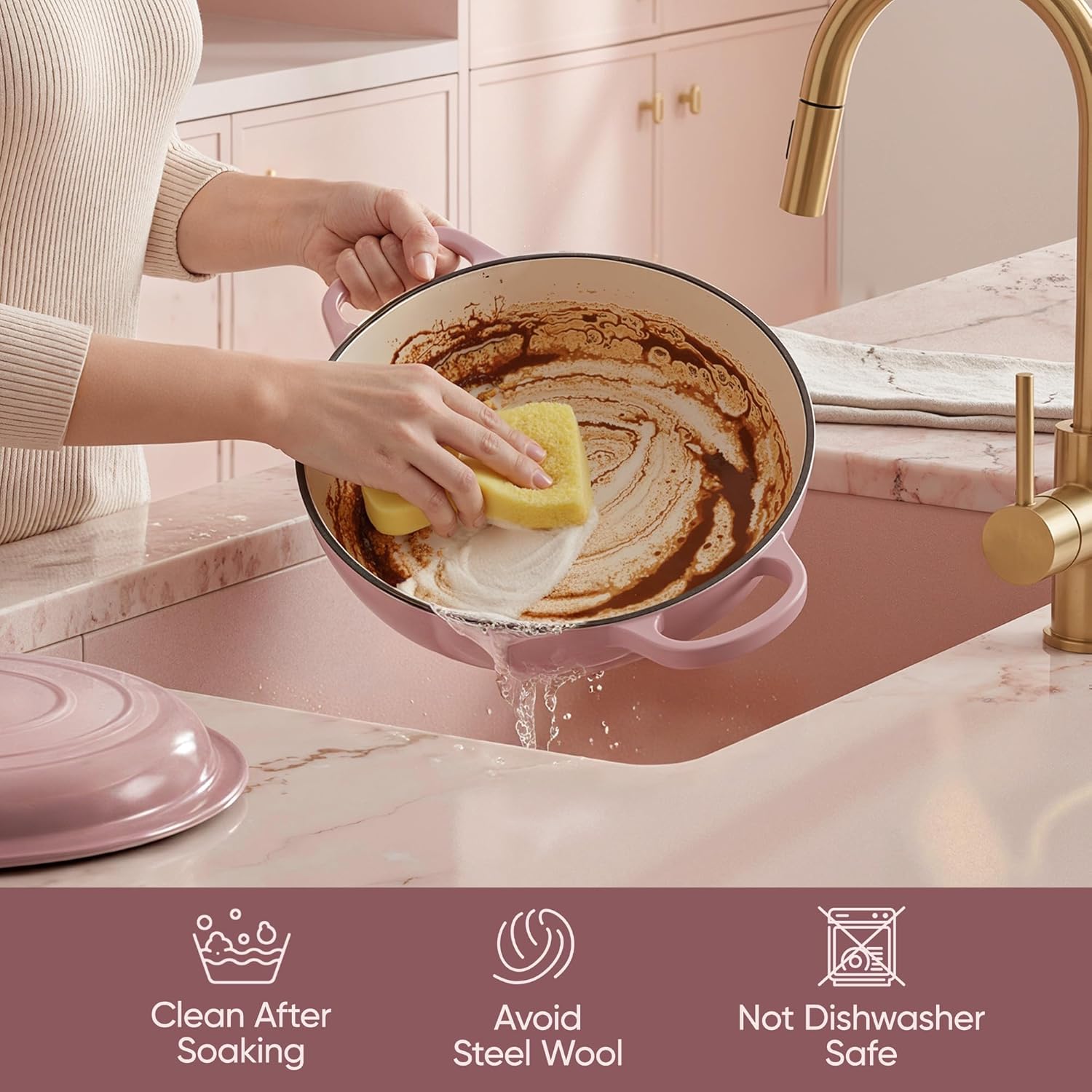 Skiennix Vintage Style Enameled Cast Iron Braiser - Non-Stick Dutch Oven Skillet with Lid | 3 Quart, Pink