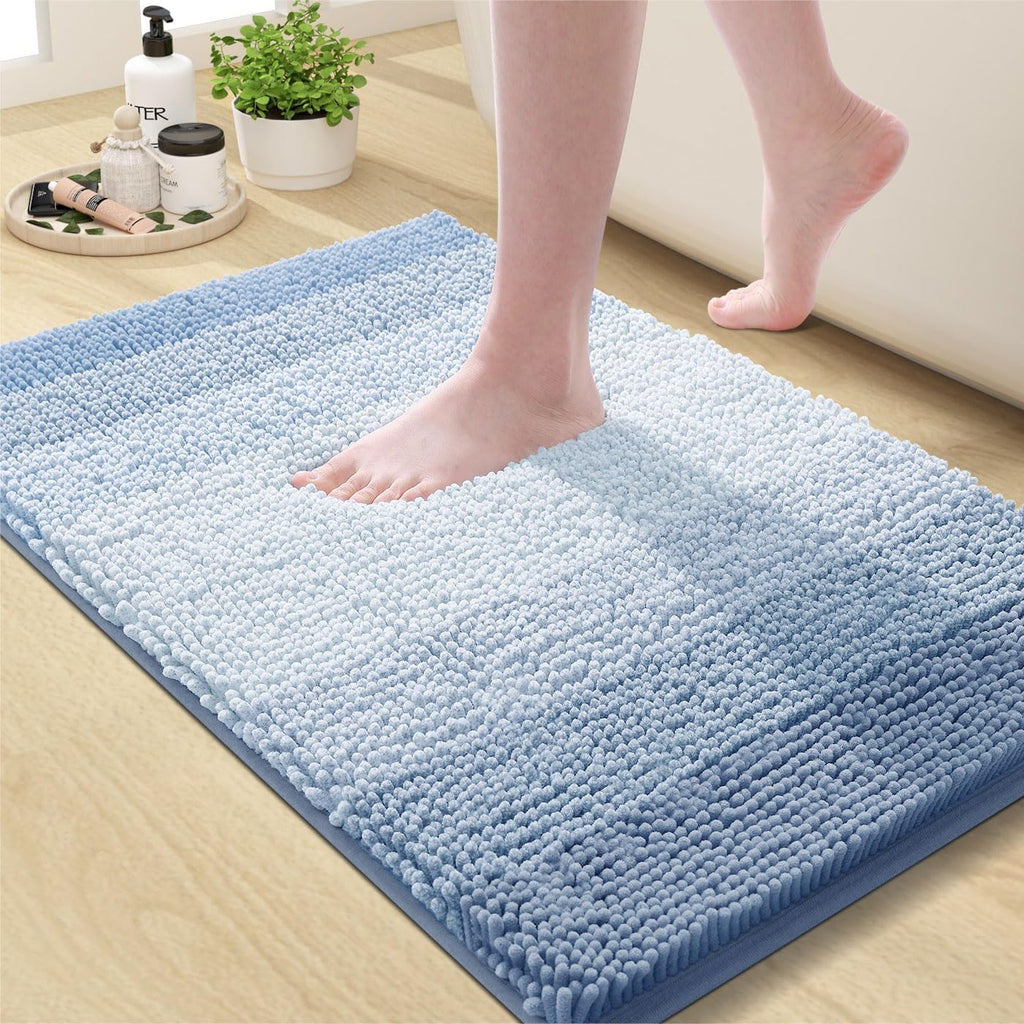 OLANLY Bathroom Rug - Extra Soft Chenille Shaggy Mat | Non-Slip & Machine Washable (24 x 16 Inch, Blue)