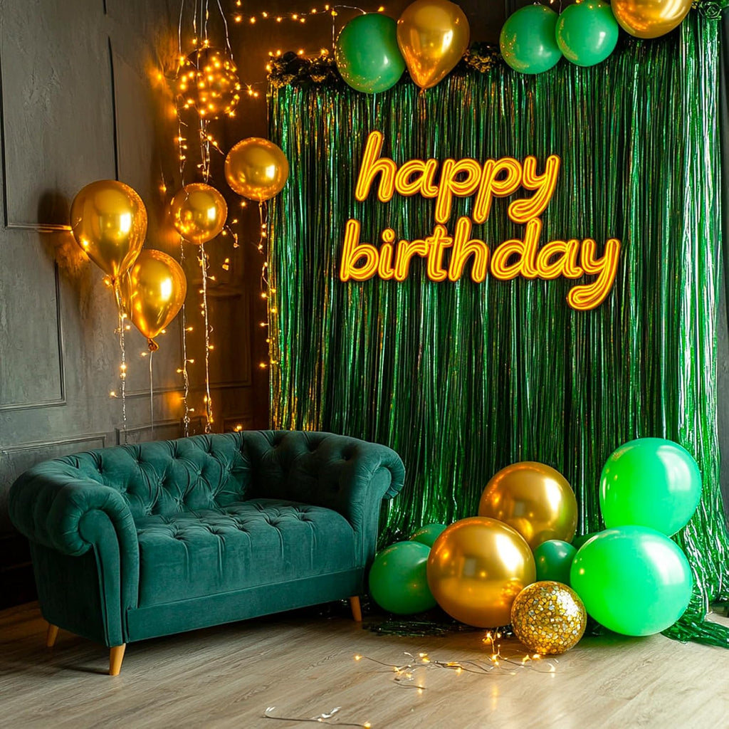 PartyWoo Green Streamers Backdrop - 3pcs Tinsel Foil Fringe Curtains | 8.2 FT for Graduation & Birthday Parties