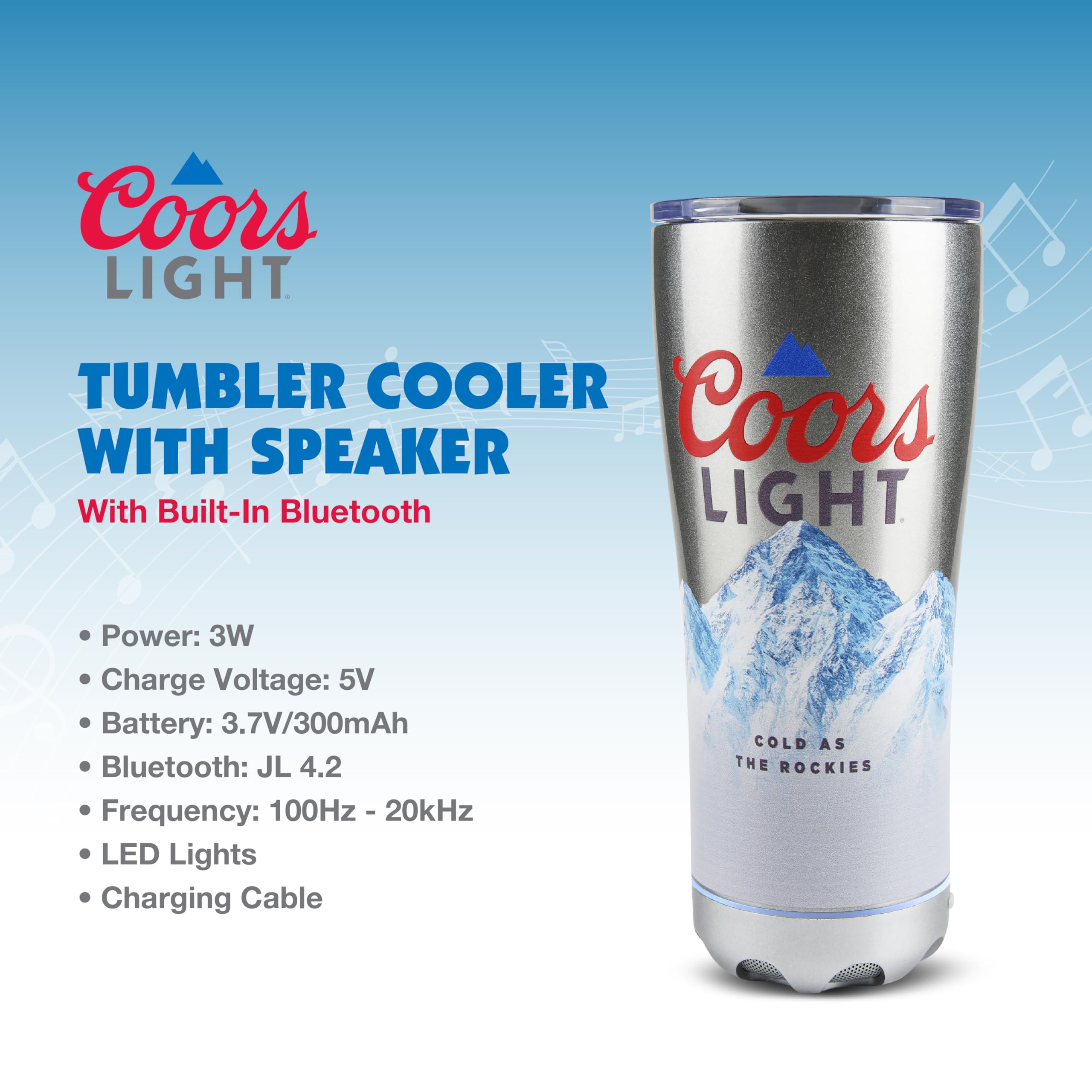 Gabba Goods Coors Light 16oz Stainless Steel Double Wall Insulated LED Bluetooth Speaker Tumbler with Lid and Removeable Speaker Bluetooth Wireless
