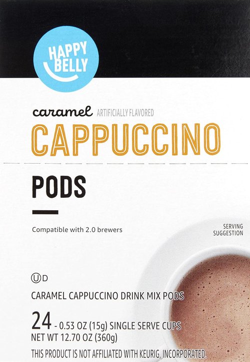 Happy Belly Cappuccino Coffee Pods - Light Roast Caramel Flavor | Compatible With K-Cup Brewers, 24 Count