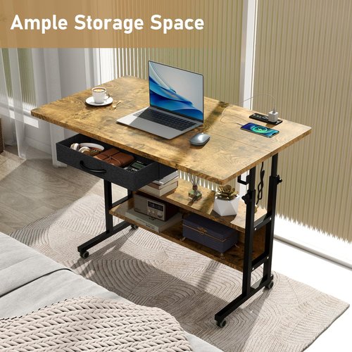 SIDUCAL Portable Standing Desk with Charging Station, Manual Stand Up Desk with Storage Shelves & Drawers, Mobile Laptop Desk with Wheels for Home Office & Treadmill Walking Pad, 39"x24" Rustic Brown