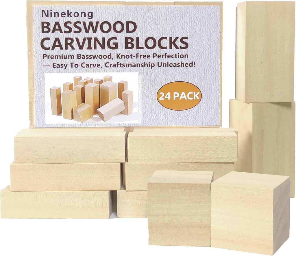 Ninekong Basswood Carving Blocks - 24PCS Whittling Kit with Soft Basswood in 3 Sizes (4"x1"x1", 4"x2"x2", 2"x2"x2")