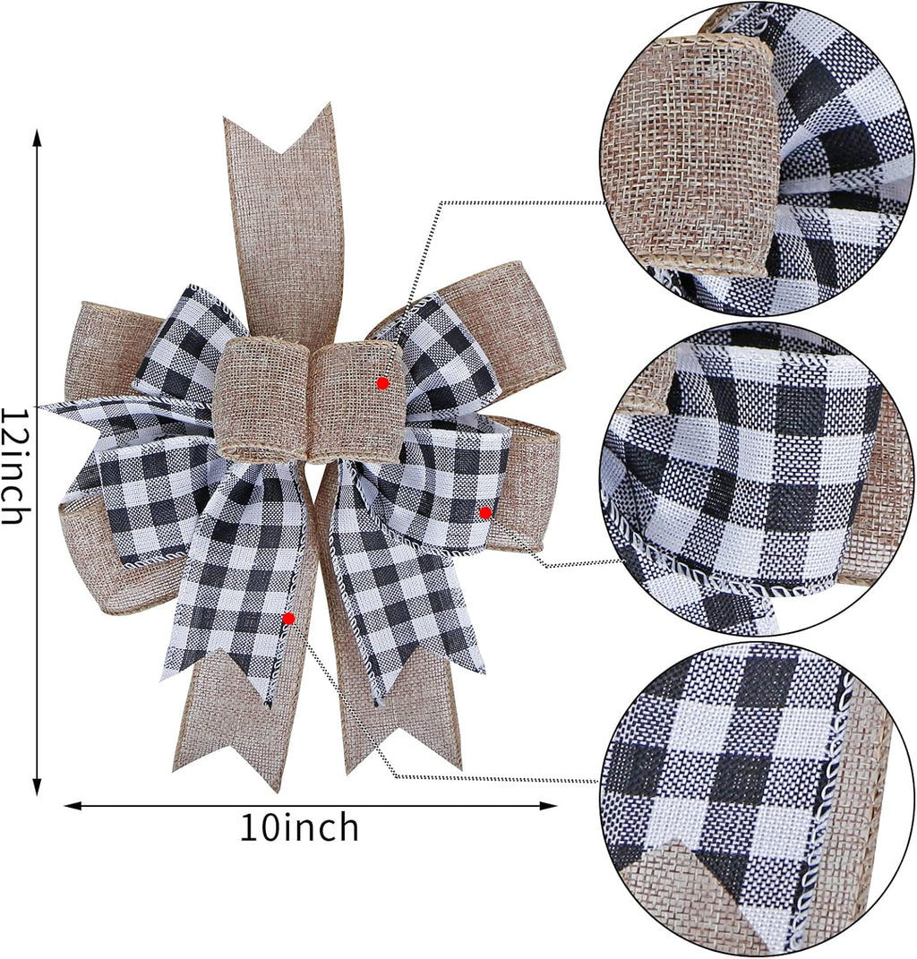 SIMISI RIBBON Christmas Buffalo Plaid Bow - Black & White Burlap Wreath Decor (9.5 x 13 Inch)