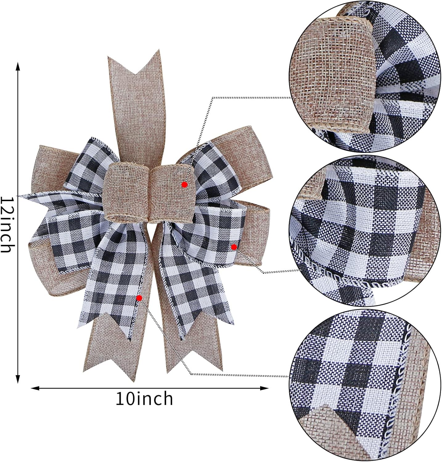 SIMISI RIBBON Christmas Buffalo Plaid Bow - Black & White Burlap Wreath Decor (9.5 x 13 Inch)