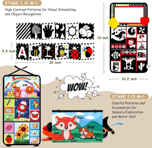 3PCS High Contrast Baby Toys by [Brand Name] - Tummy Time Mirror & Crinkle Cloth for Visual Stimulation | Ideal for Newborns 0-12 Months
