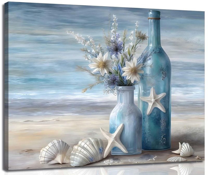 Blue Beach Ocean Flower Canva Wall Art Coastal Seascape Floral Vase Poster Picture Starfish Conch Theme Painting Rustic Shell Print for Bedroom Living Room Office Wall Decor Framed
