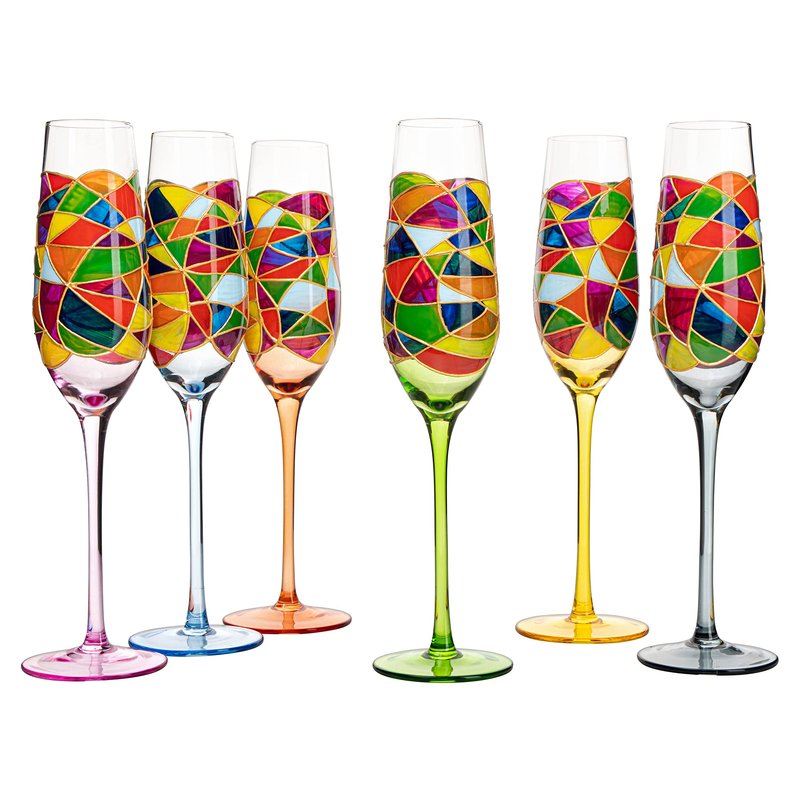 Stained Glass Champagne Flutes Set of 6 Hand Painted - Wine Savant - Hand Blown 7 Ounce Colorful Renaissance Champagne Glasses - 10.2" Tall, 2.7" Diameter Rainbow Multicolor Design Glassware