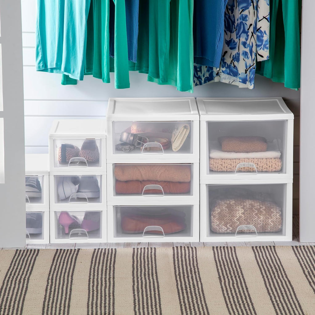 Sterilite 6-Pack Stacking Drawers - Clear Storage Organizers with White Frame for Clothes, Accessories & More