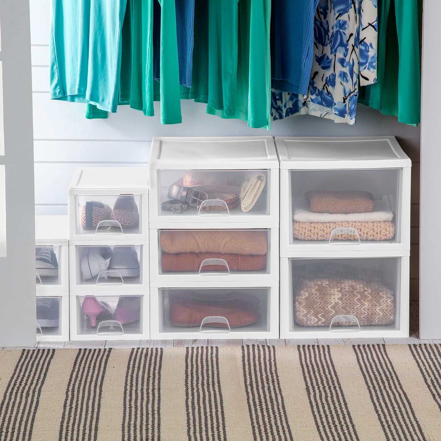 Sterilite 6-Pack Stacking Drawers - Clear Storage Organizers with White Frame for Clothes, Accessories & More