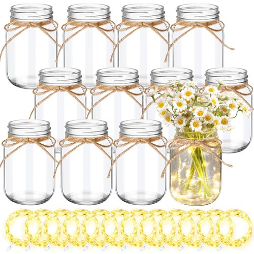 Chunful 12 Pcs Glass Mason Jar with LED Lights for Table Centerpiece Decorations Set Clear Rustic Farmhouse Coffee Table Decor with LED Lights for Wedding Dining Room Kitchen Decor (Warm Light)