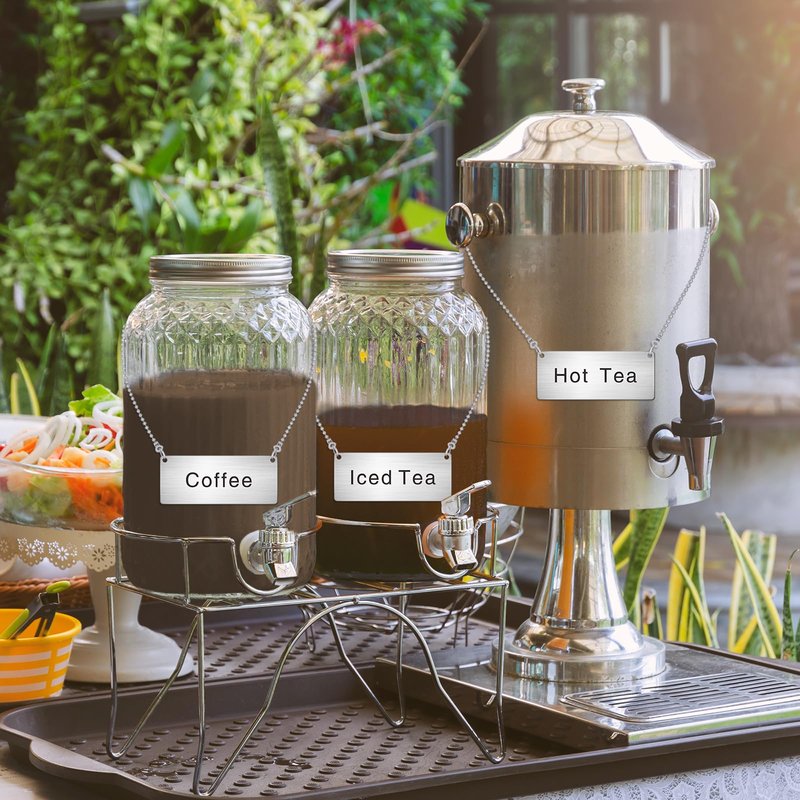 Hicarer 5 Pcs Stainless Steel Chain Signs 3-1/2 x 1-3/8 Beverage Table Display Hanging Chain Sign(Coffee, Decaf, Hot Water, Hot Tea, Iced Tea)