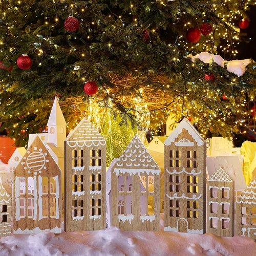 Briwooody Christmas Village Houses Set - 7 Pcs Wooden Gingerbread Decor for Home & Office | Winter Shelf Ornament