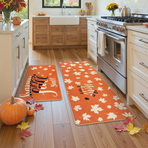 KIMODE Fall Kitchen Rugs Non Slip Washable 17"x47"+17"x29", Orange Farmhouse Kitchen Rugs Sets of 2, Halloween Rugs for Kitchen Floor, Flowers Grass Kitchen Mats for Floor Laundry Office Sink Desk