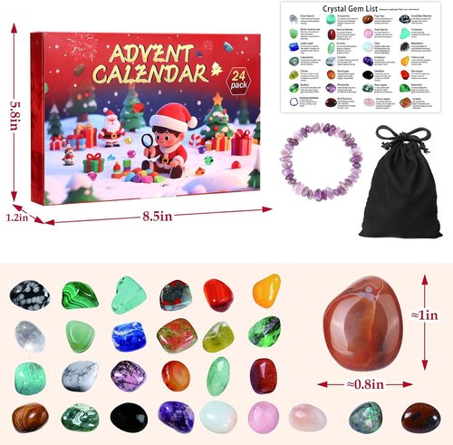 BABORUI Crystal Advent Calendar 2025 - Gemstone Countdown Box with 24 Unique Rocks for Kids & Families