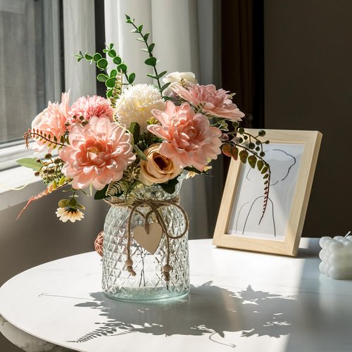Aubcee 3 Pack Set Fake Flowers With Vase, Faux Silk Pink Dahlia Artificial Flowers for Home Decor, Coffee Table, Living Room, Bathroom Plant Decor