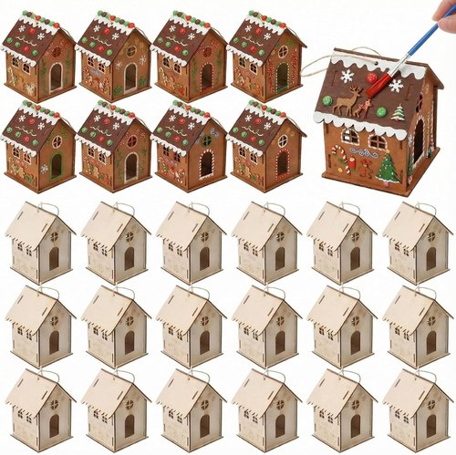 DoubleFill 36 Pcs Wooden Gingerbread House Craft Kit - DIY 3D Christmas Village for Kids, Perfect for Winter Art Parties