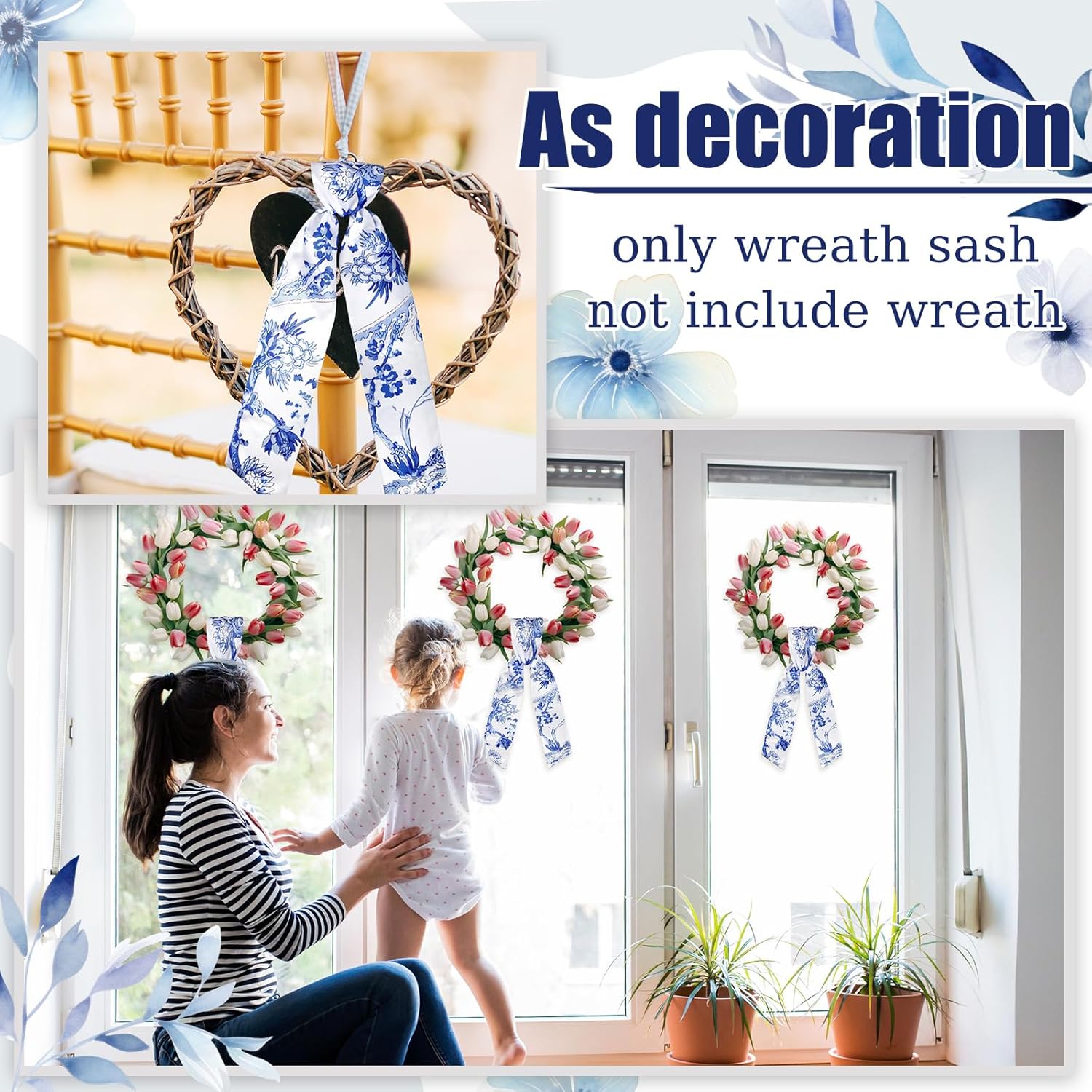XunYee Wreath Sash Set - 6 Pcs Embroidery Monogram Decor for Weddings & 4th of July - Chinoiserie Design