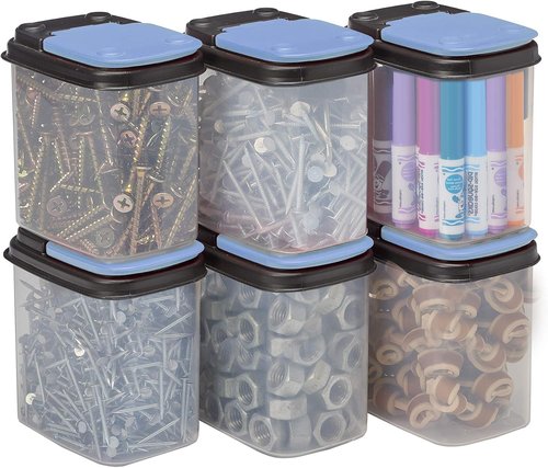 Buddeez Multi-Purpose Storage Bins - Clear Organizers with Blue Stackable Lids | 1 Quart, 8 Pack