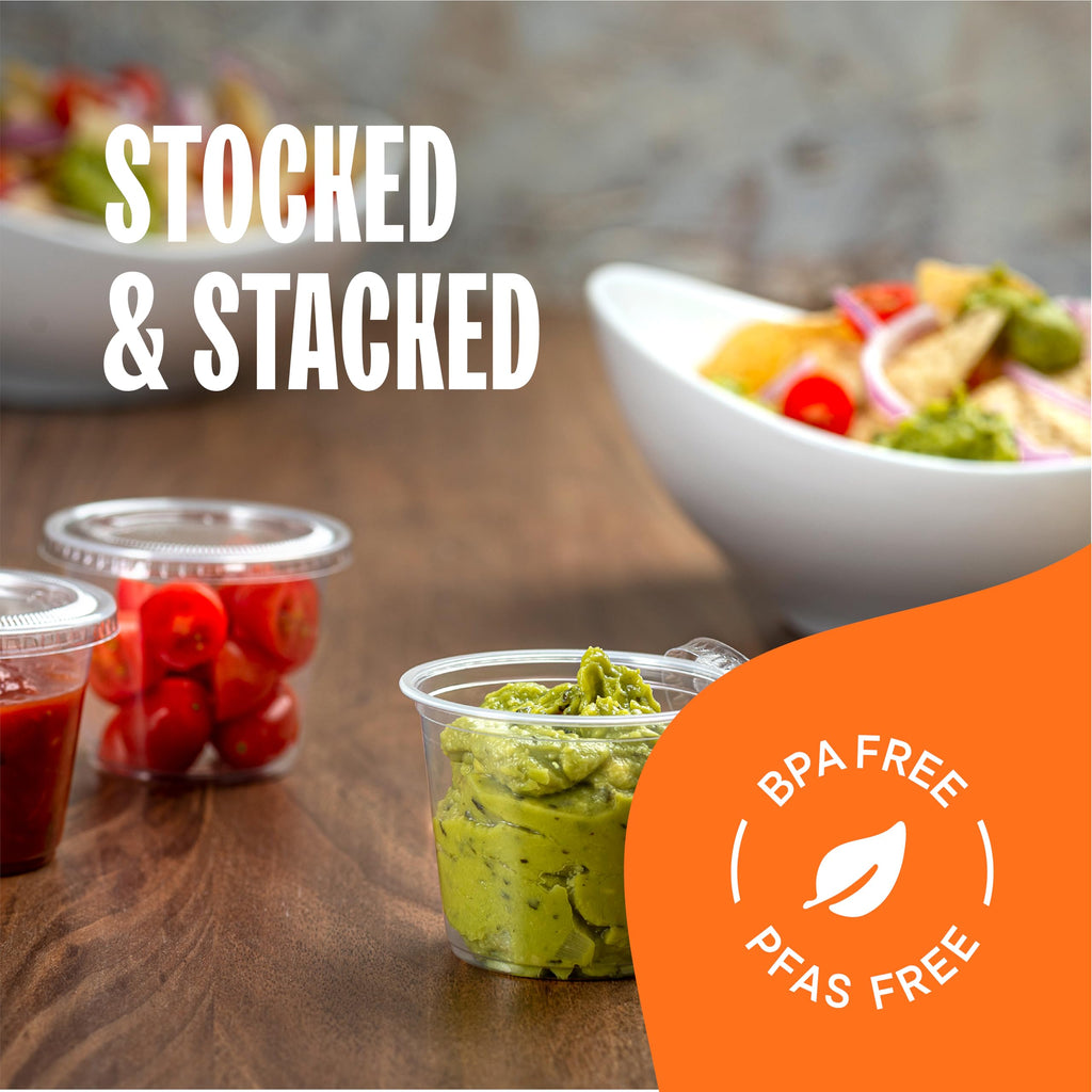 [100 Sets - 5.5 oz.] Plastic Clear Portion Cups, Snack / Yogurt /Parfait/ Pudding / Souffle /Dessert Cups, Disposable Containers with Lids 5.5oz.