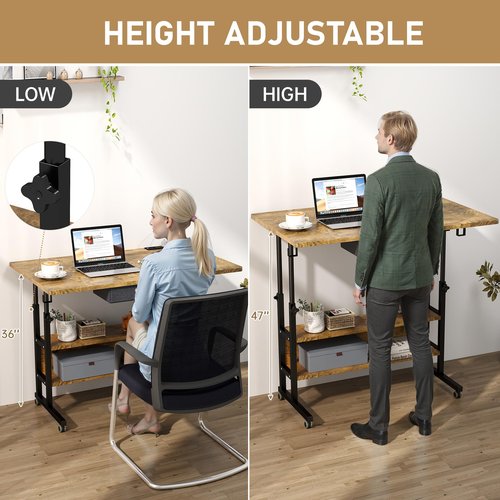 SIDUCAL Portable Standing Desk with Charging Station, Manual Stand Up Desk with Storage Shelves & Drawers, Mobile Laptop Desk with Wheels for Home Office & Treadmill Walking Pad, 39"x24" Rustic Brown