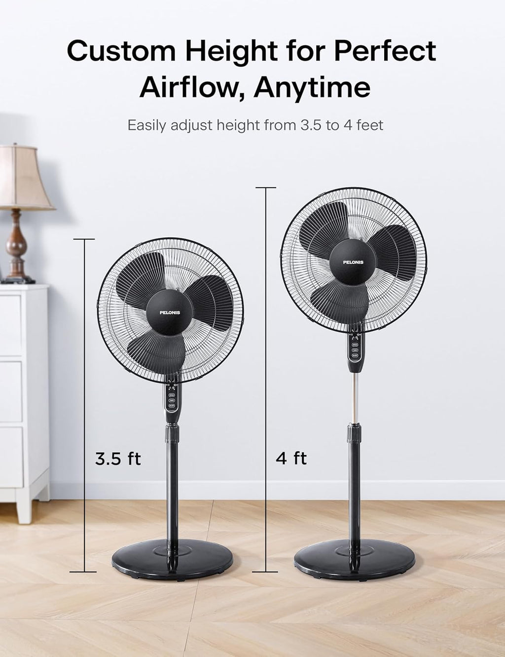 Pelonis 16'' Pedestal Fan - Remote-Controlled, 90° Oscillation, 3 Speeds, Adjustable Height | Ideal for Bedroom, Living Room & Office
