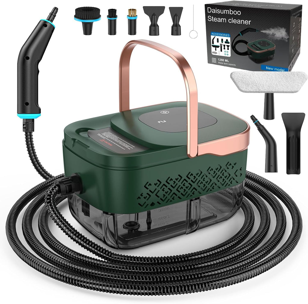 Skiennix Steam Cleaner - 2500W Handheld Grout Cleaner with 1.32QT Tank & 10 Attachments | Green/Gold