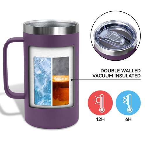 DOMICARE 24oz Mug with Handle and Lid, Stainless Steel Coffee Mug, Travel Mug with Handle, Double Wall Vacuum Coffee Tumbler, Reusable Insulated Cup, Dark Purple, Pack 8