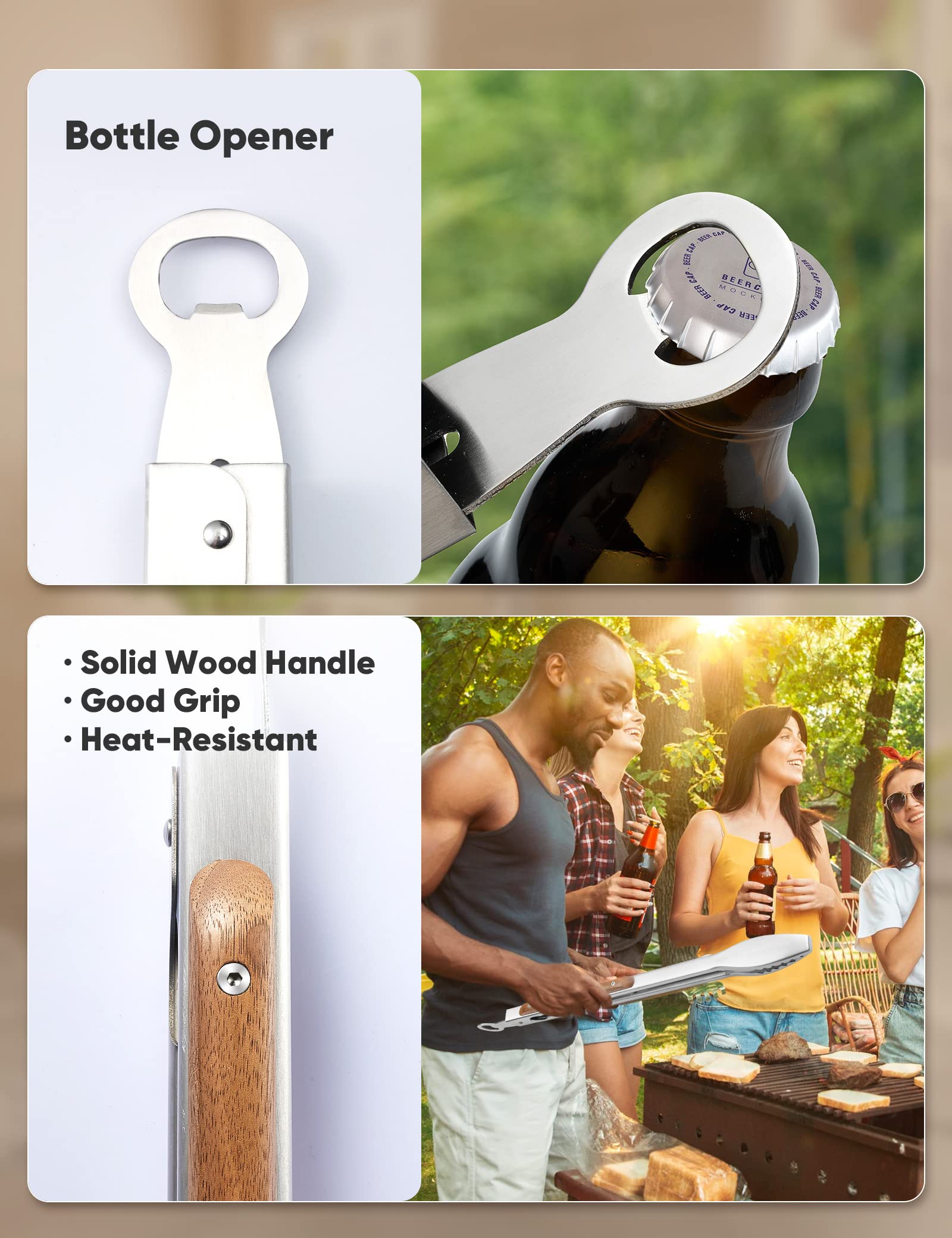 Wood-Handled Grill Tongs, 19.5"/50cm Extra Long BBQ Tongs, Heavy Duty Premium Stainless Steel Metal Tongs with Solid Wood Handles, for Charcoal, Grilling, BBQ, Barbecue, Cooking