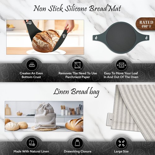 Enameled Cast Iron Bread Pan With Lid 9 Piece Complete Bread Baking Set | Dutch Oven for Bread Baking | 10 Inch Bread Oven with Lid | Thick Enamel | Silicone Baking Mat | Banneton | 6 Quart (white)