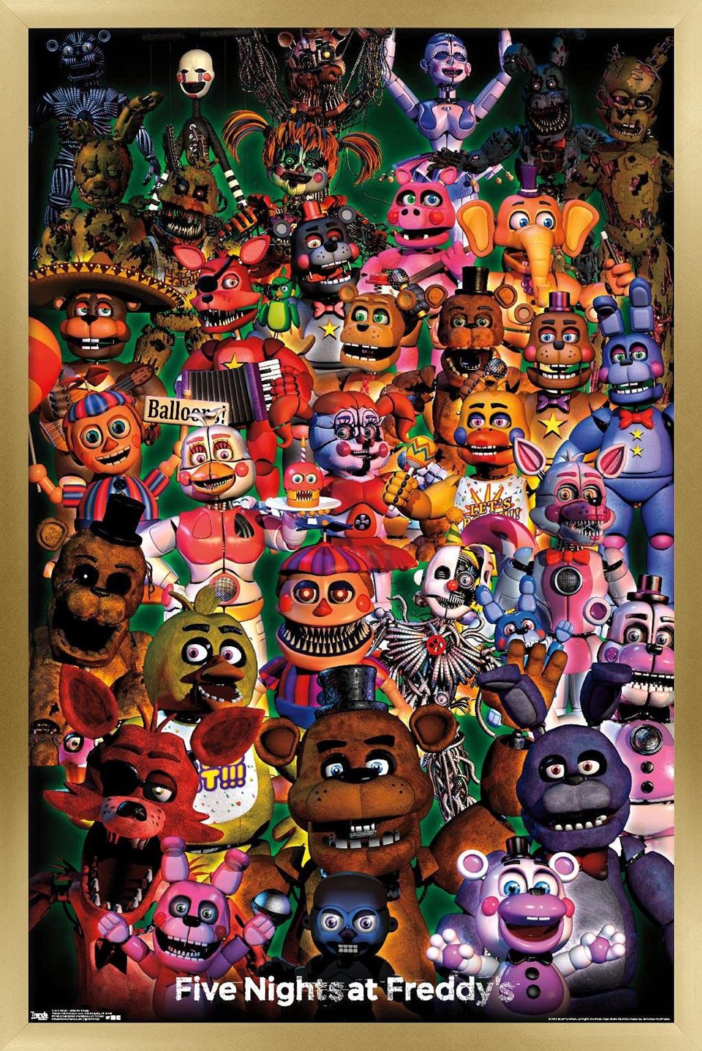 Trends International Five Nights at Freddy's - Ultimate Group Wall Poster, 14.725" x 22.375", Gold Framed Version