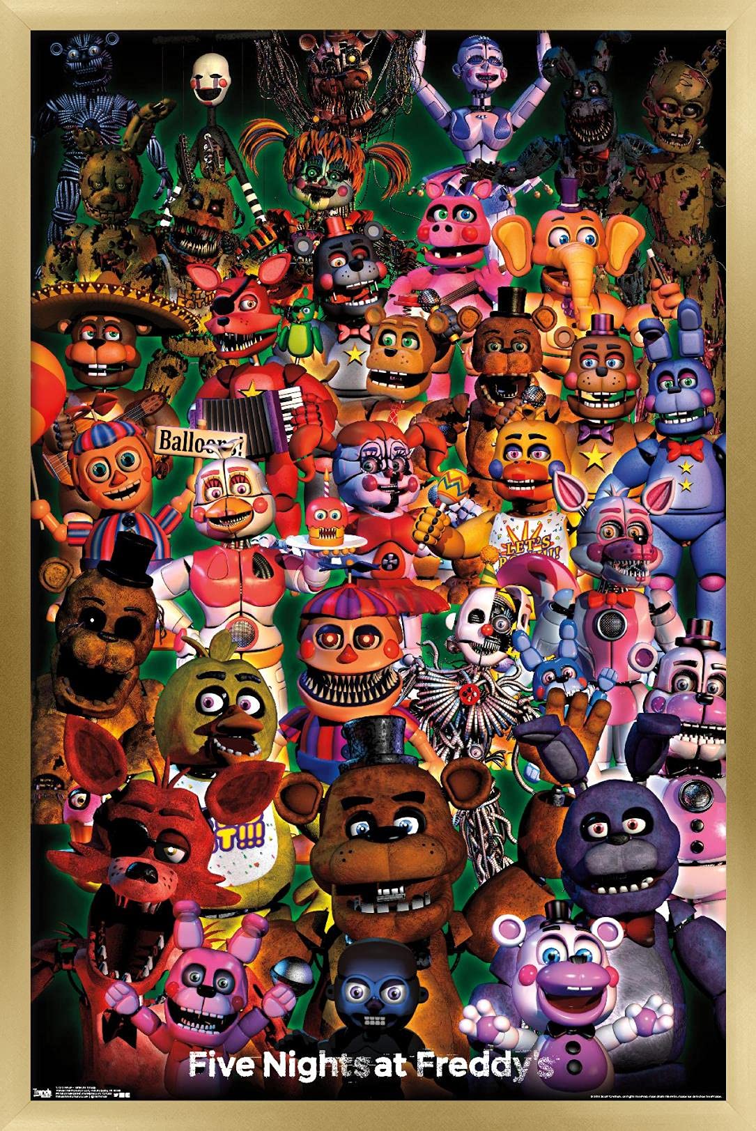 Trends International Five Nights at Freddy's - Ultimate Group Wall Poster, 14.725" x 22.375", Gold Framed Version