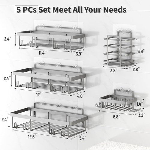 Liuoud Shower Caddy Organizer - Rustproof Stainless Steel Wall Storage Basket | 5 Pack, Large Capacity, Grey