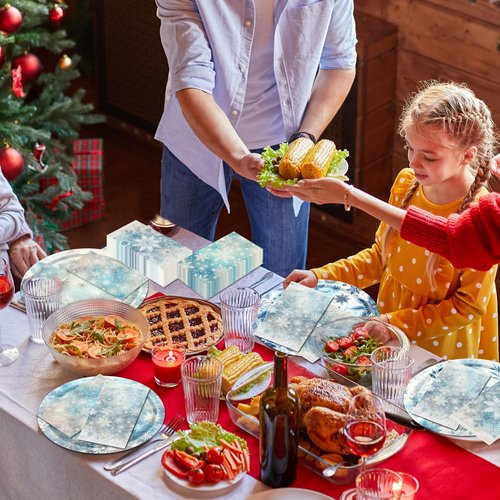 OGMOGKW Winter Wonderland Decorations Tableware,60pcs Blue Snowflake Paper Plates and Napkins Disposable Snowflake Party Decorations for Winter Holiday Party